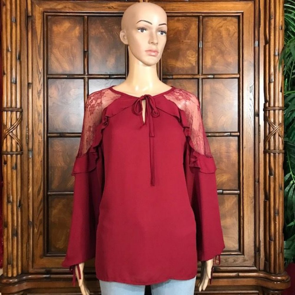 Blooming Jelly Burgundy Cotton Lace Ruffle Tie Neck & Sleeve Blouse